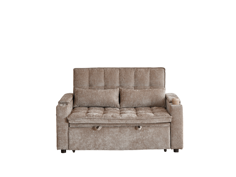  Canapé convertible 3 en 1 142 x 89 x 89 cm marron en chenille, rangement, porte-gobelets et couchage  - Conforama D