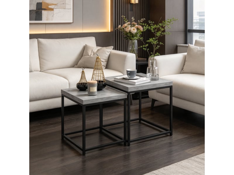  Lot de 2 tables basses gigognes, table basse carrée 45x45 cm, cadre en acier robuste noir, plateau gris, gain de place  - Conforama B