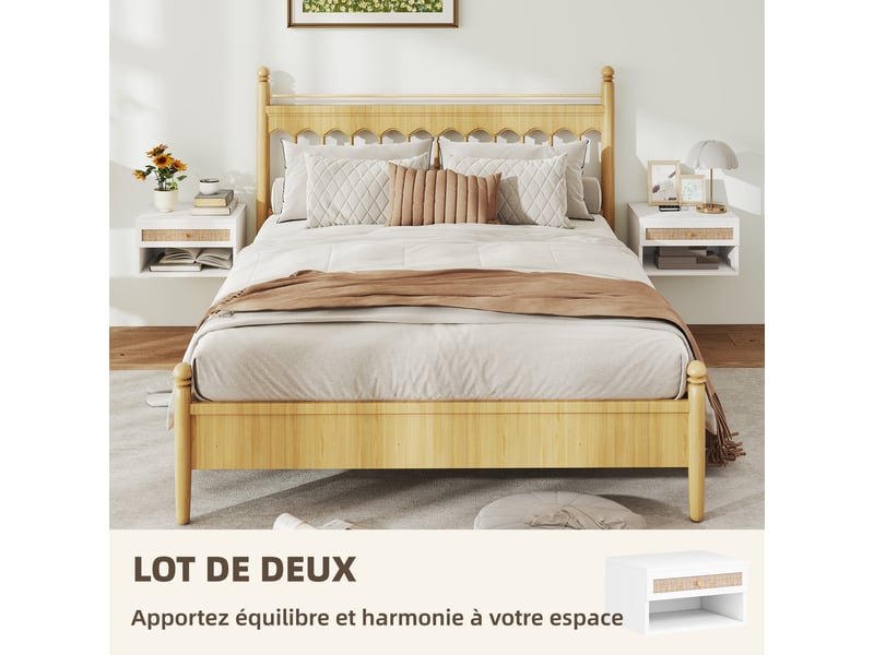  Lot de 2 tables de chevet murales tiroir coulissant, plateau - en bois dim. 40l x 34l x 23h cm, niche  - Conforama A
