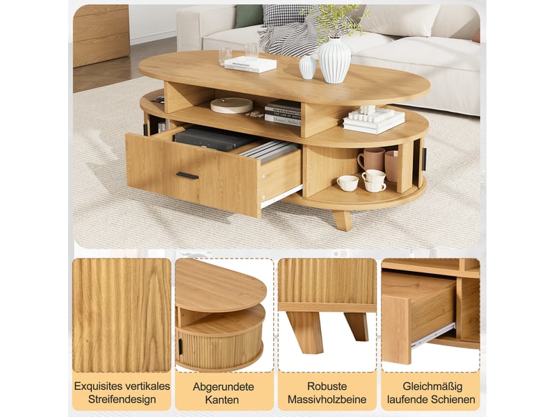  Table basse ovale 100x50x40 cm effet bois naturel avec tiroir et rangement  - Conforama E