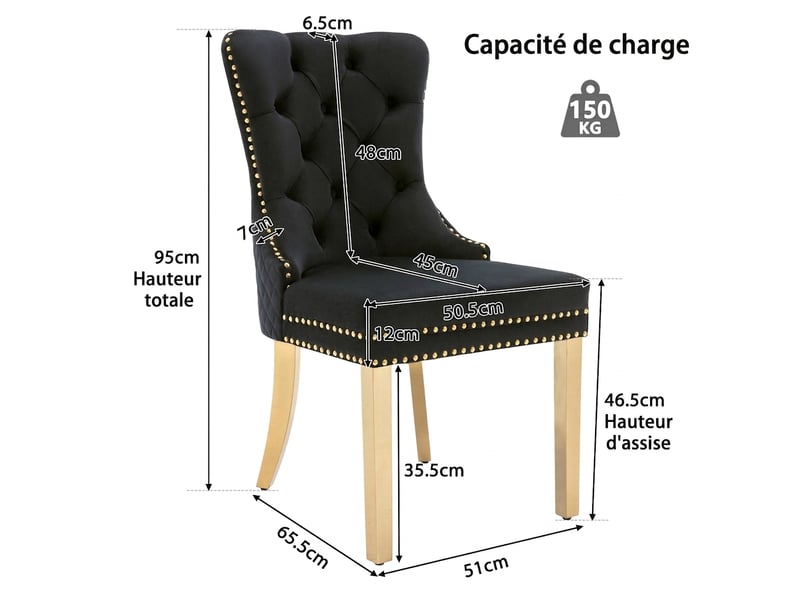  Lot de 2 chaises de salle à manger velours noir avec anneau au dos et pieds en acier inoxydable doré  - Conforama C