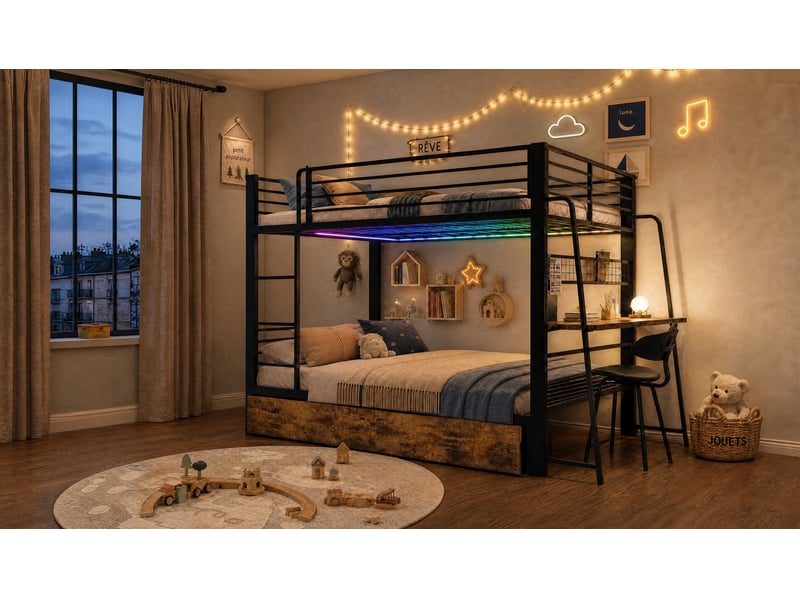  Lit superposé 140 × 200 cm avec bureau, 2 tiroirs, led, prises, échelle et barrières pour chambre 237 × 145 × 170 cm  - Conforama B