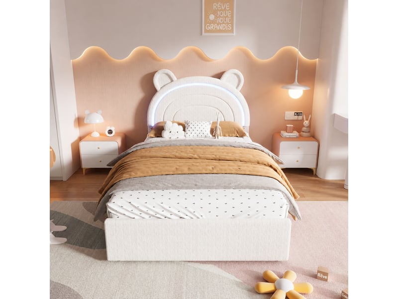  Lit enfant 90 x 200 cm beige avec tête de lit ours, tiroirs de rangement et éclairage led, sans matelas  - Conforama B