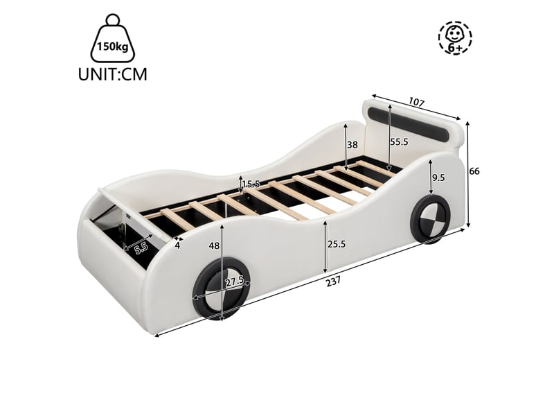 Lit simple enfant 90x200 cm – blanc – voiture avec roues lumineuses réglables et rangement - sans matelas - Conforama C