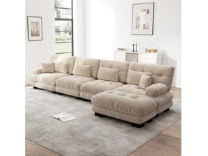 Canapé d'angle modulable 4 places en tissu café clair avec ottomans mobiles, confort profond pour le salon