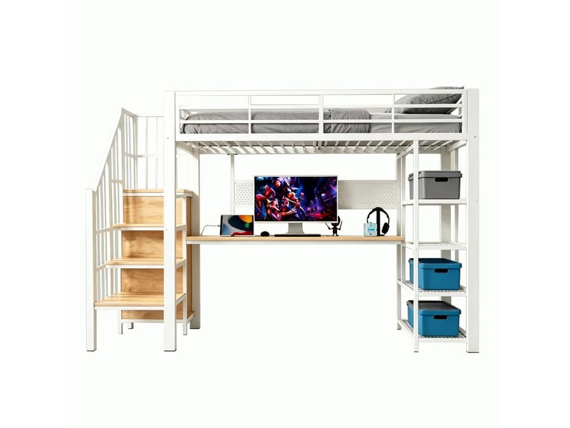  Lit mezzanine 90x200 cm, lit enfant, bureau, panneau perforé, barrière antichute, led, bois et métal blanc  - Conforama B