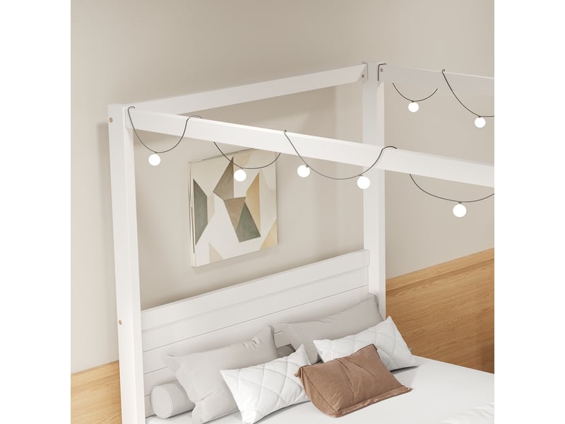 Lit cabane double 140 x 200 cm en bois et mdf blanc avec structure personnalisable, tête de lit surélevée et rangement sous le lit sans matelas  - Conforama D