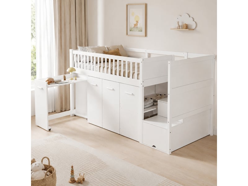  Lit superposé enfant multifonction avec bureau, armoire et rangements, blanc, 90 x 200 cm  - Conforama D
