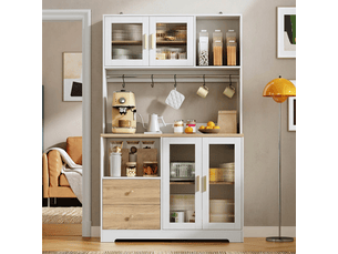 Buffet de cuisine haut 178 cm blanc et effet bois, avec éclairage led et prise