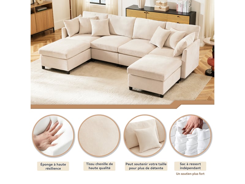  Canapé modulable 6 places en tissu chenille beige, configurable en u ou en l, 2 poufs, 6 coussins  - Conforama D