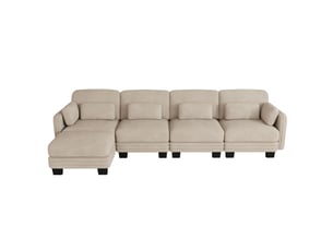 Canapé d'angle modulable - 4 places - forme l - 1 ottoman - coussins d'accoudoirs - tissu chenille - mobilier de salon - brun clair