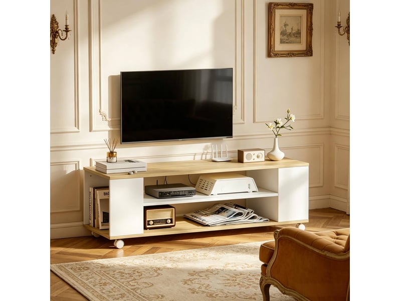  Meuble tv modenvie à roulettes ou mural 120 x 40 x 38,5 cm blanc et naturel  - Conforama E