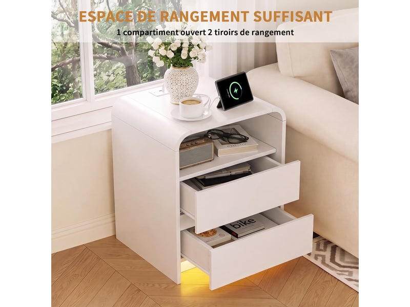 Lot de 2 tables de chevet 45 x 40 x 57 cm - avec éclairage led connecté et station de charge integrée – mdf – blanc - Conforama D