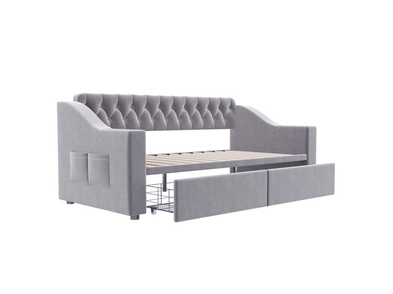  Lit enfant 90x190 cm tiroirs accoudoirs larges rangements ouverture pression port usb métal velours gris sans matelas  - Conforama R