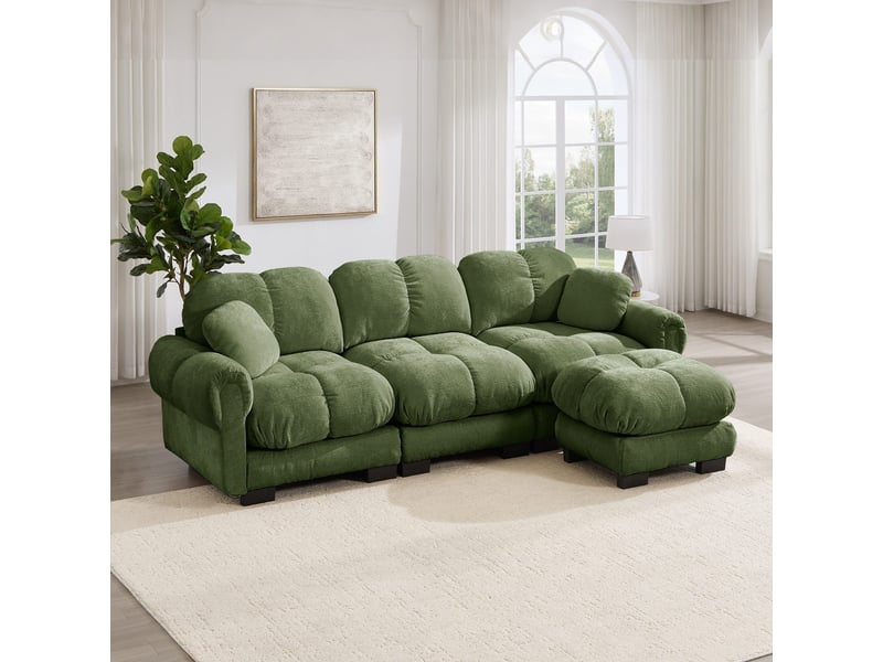  Canapé d'angle en l effet nuage 3 places, méridienne mobile, 2 coussins déco, assise matelassée, vert, sans montage SF20260031014 - Conforama E