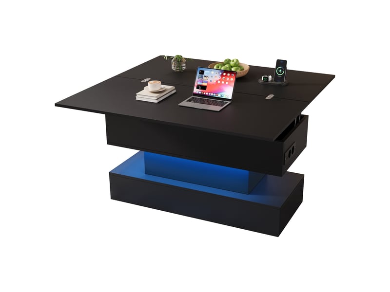  Table basse relevable,100x50x51,5 cm,avec rangement, led et prises,noire  - Conforama A
