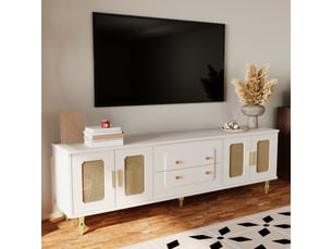 Meuble tv 175 x 38 x 55,5 cm, 4 portes effet cannage et tiroirs, poignées dorées, style rétro, blanc, en panneaux de particules, pour salon