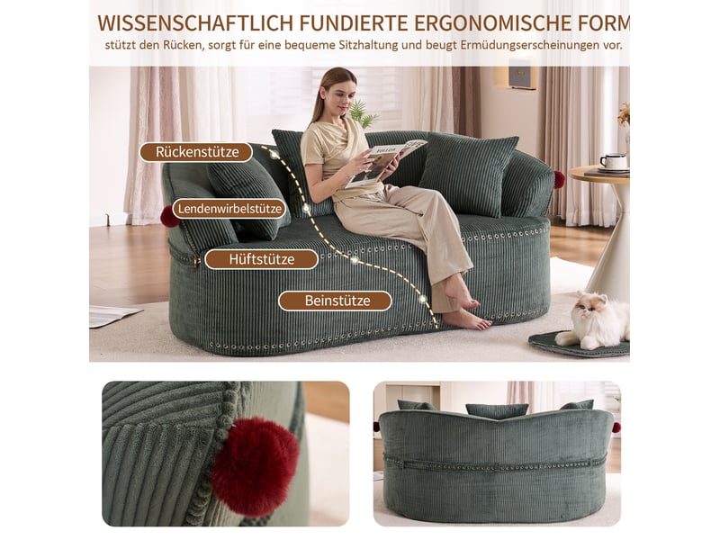  Canapé 2 places velours côtelé vert 163x93x68 cm, silhouette incurvée, 3 coussins inclus  - Conforama E