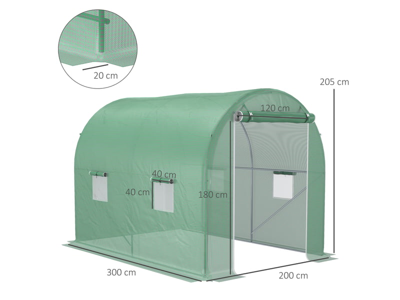  Serre de jardin tunnel surface sol 6 m² 3l x 2l x 2,10h m châssis tubulaire renforcé porte zippée 4 fenêtres enroulables vert  - Conforama E