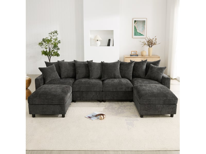  Canapé d'angle modulaire 6 places en u ou l avec 2 poufs, ports usb et type c, chenille gaufrée grise  - Conforama E