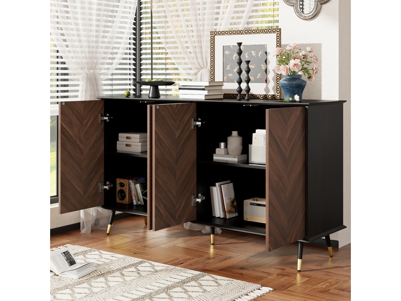  Buffet bicolore noirmarron 140 × 40 × 80 cm, en mdf, avec 4 portes, étagères réglables, charnières amorties  - Conforama C