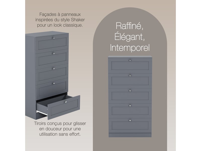  Commode altino 5 tiroirs, chambre, rangement vêtements, meuble, 121x65x36cm, gris 3332186 - Conforama W