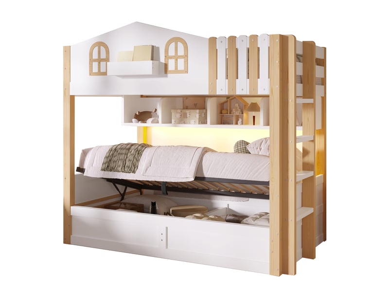  Lit superposé 90 x 200 cm style maison avec coffre hydraulique, led, niche ouverte et échelle réversible, sans matelas, mdf et pin, blanc et chêne OMNIGLINT TRADING LTD - Conforama A