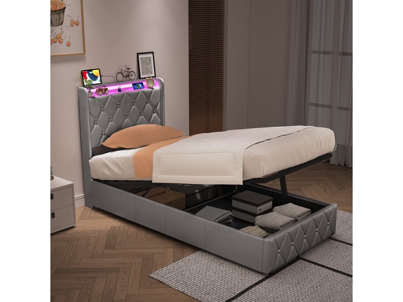  Lit adulte 90 x 200 cm – lit simple – lit coffre – éclairage led – ports usb et type‑c –  sommier à lattes – velours gris  - Conforama B