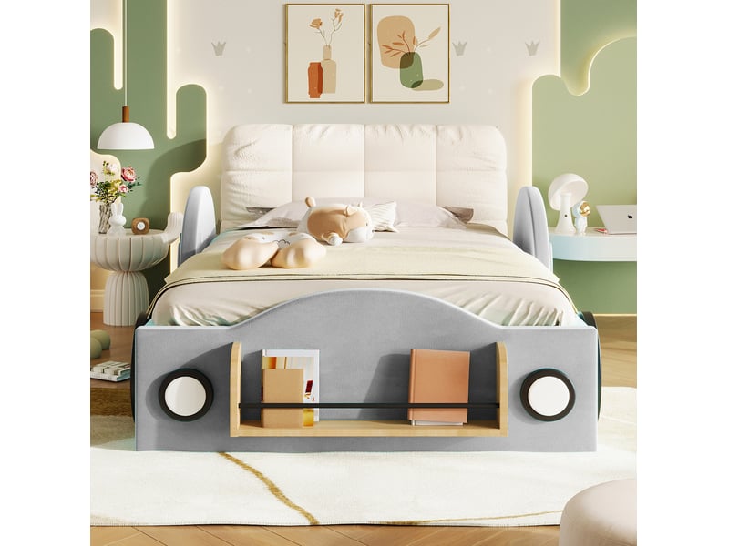  Lit coffre modenvie 90 x 200 cm en flanelle gris avec rangements latéraux, étagère à livres et coussin de tête  - Conforama E
