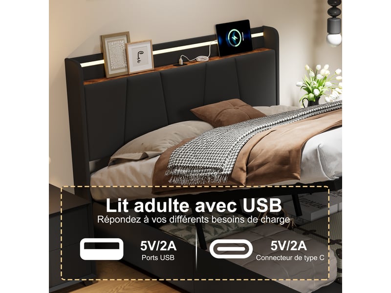  Lit coffre 140x190 avec led et usb, lit double avec led et tiroir lit 2 places avec rangement et tête de lit rembourré cadre de lit capitonnée avec 2 tiroirs lit 2 personnes lin gris, sans matelas  - Conforama E