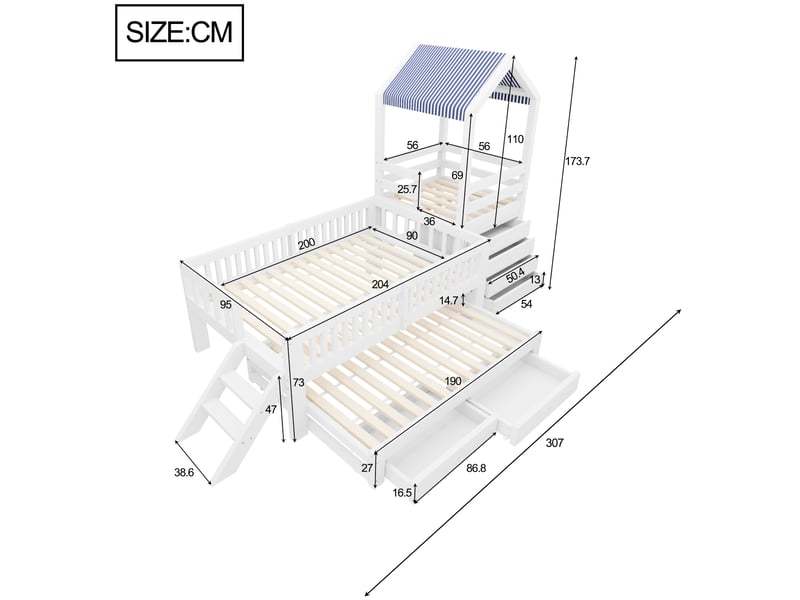 Lit gigogne 90x190 cm - lit cabane enfant 90x200 cm - 4 tiroirs, escalier et toit en tissu - bois massif blanc - Conforama C
