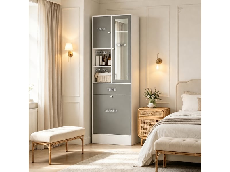  Armoire de salle de bain avec miroir et panier à linge, blanc et gris, 62 x 28,3 x 181 cm  - Conforama B