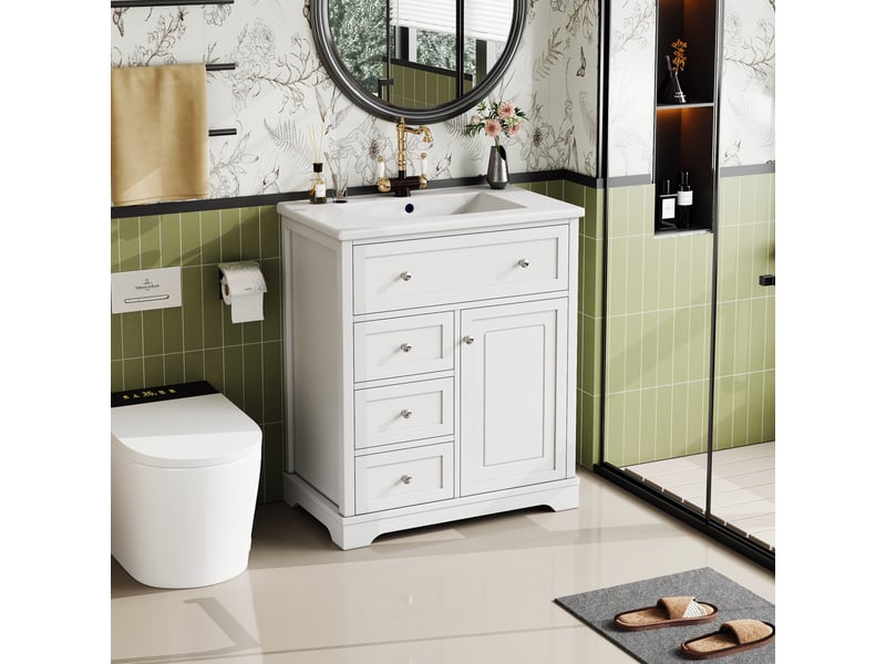 Meuble vasque salle de bain blanc 76 cm avec lavabo céramique intégré, tiroir silencieux et porte - Conforama B