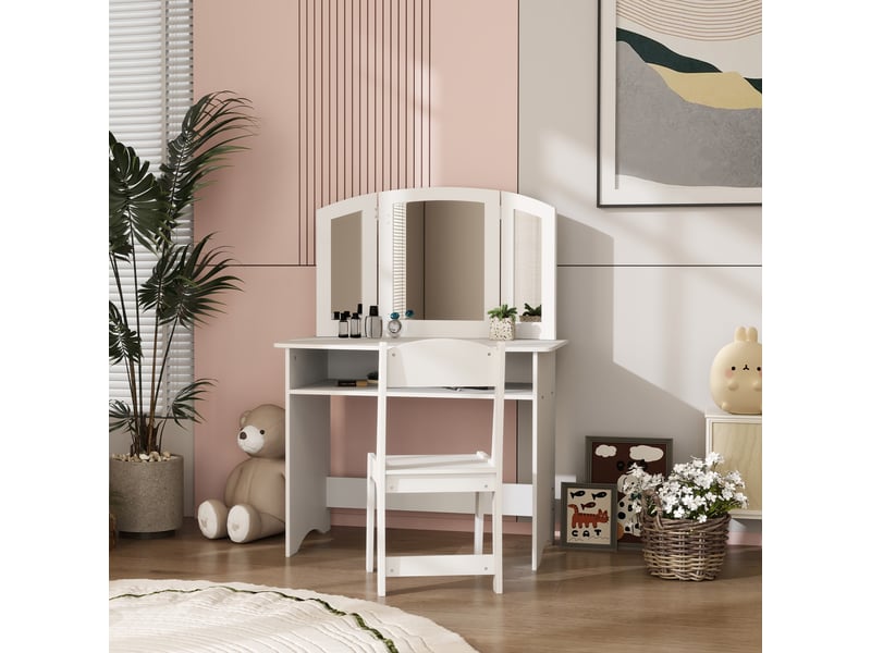  Ensemble coiffeuse pour enfants avec miroir triple amovible et chaise en bois blanc  - Conforama D