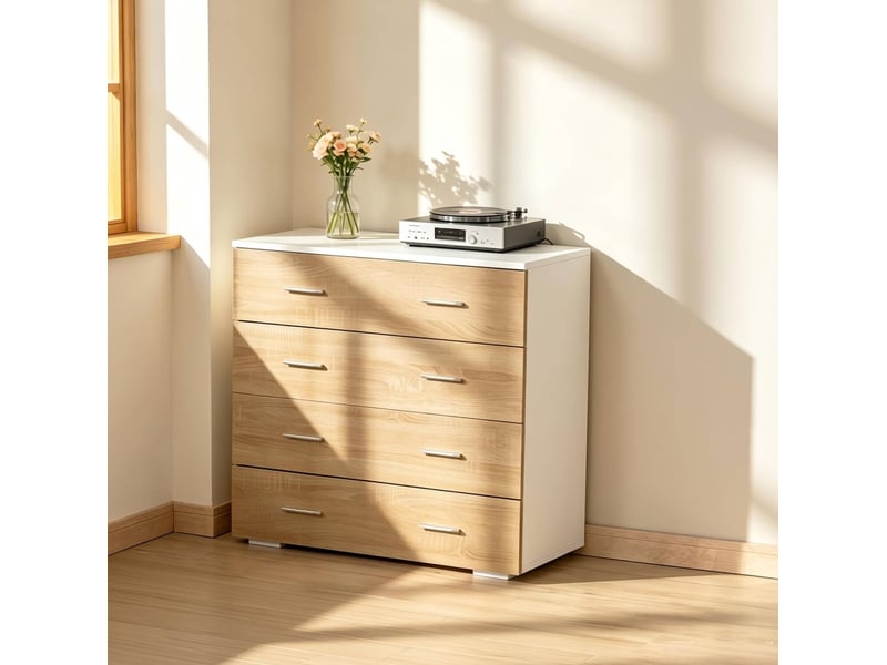  Commode de rangement 4 tiroirs 76 x 35 x 72 cm, blanc et bois clair, métal  - Conforama E