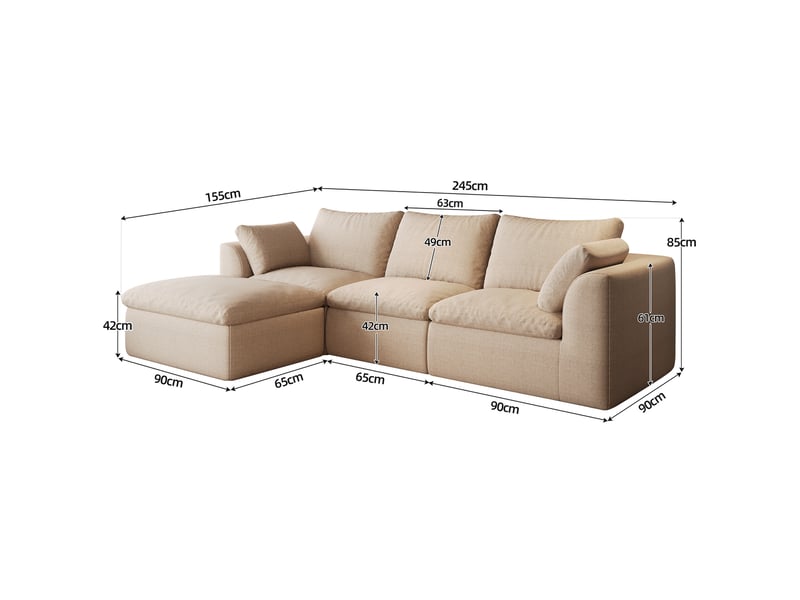  Canapé d'angle 4 places 245 x 155 cm kaki, tissu en lin et mousse haute élasticité, assise souple  - Conforama C