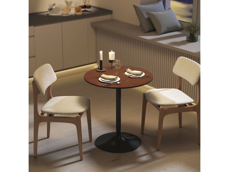  Table à manger ronde 70 cm pour 2 personnes avec plateau en placage de massif bois et piétement en acier marron  - Conforama A