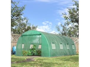 Serre de jardin tunnel 590x300x200 cm – verte – 8 fenêtres, porte enroulable et piquets d'ancrage