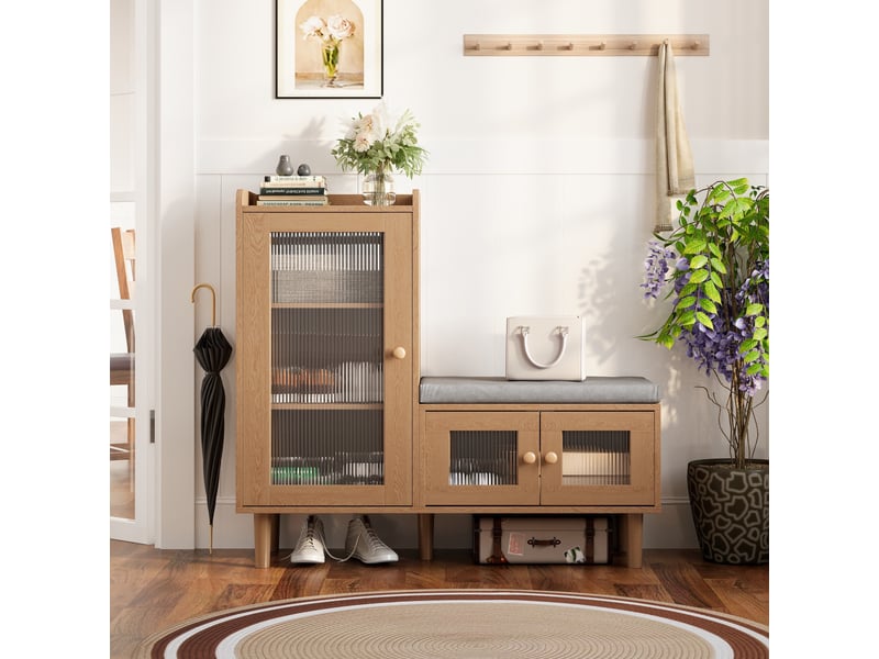  Meuble à chaussures - 100x35x90cm - banc d'entrée avec assise rembourrée, étagères ajustables, portes verre - bois naturel  - Conforama B