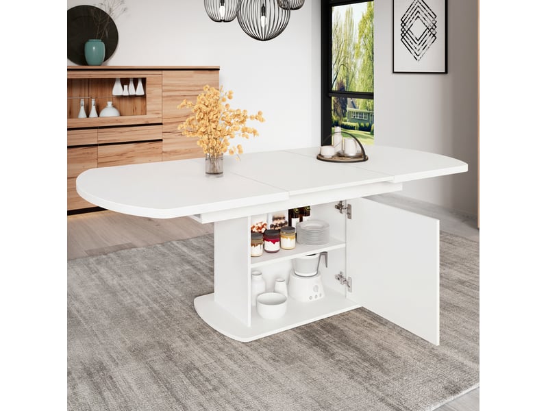  Table à manger ovale extensible 200x80x75 cm avec rangement panneau de particules métal blanc et argenté  - Conforama B