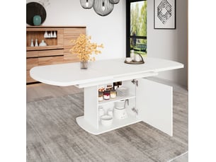 Table à manger ovale extensible 200x80x75 cm avec rangement panneau de particules métal blanc et argenté