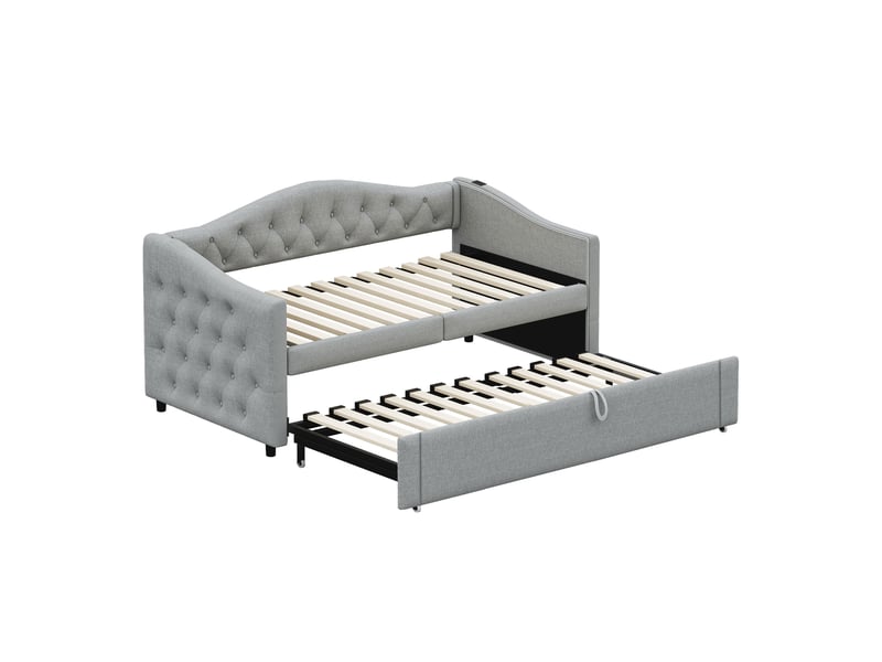 Lit rembourré 90x200 cm avec port usb, canapé-lit en lin, lit simple capitonné et sommier à lattes, gris  - Conforama B