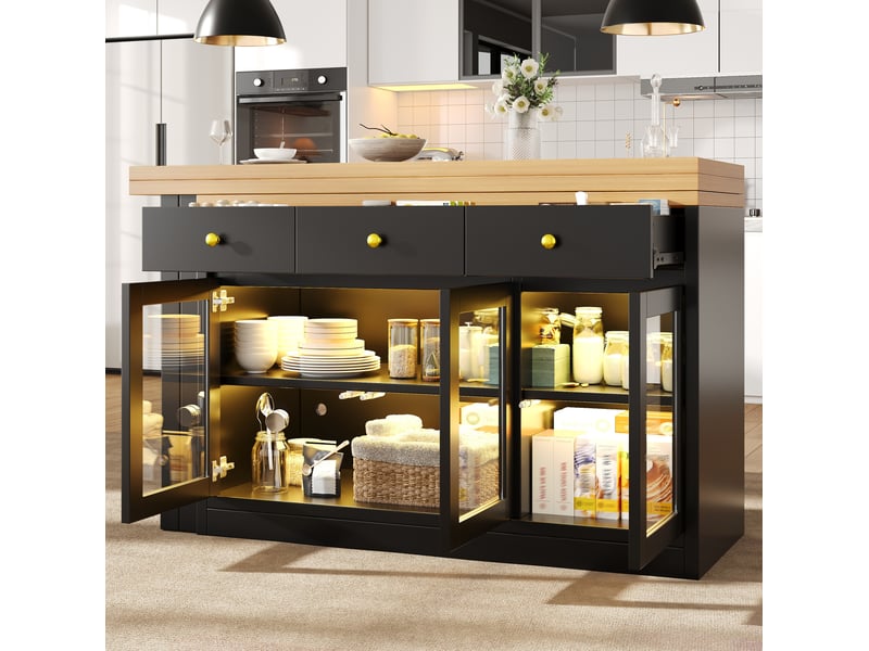 Îlot de cuisine extensible 120-200x40x75,5 cm, 3 tiroirs, 3 portes vitrées, led, desserte, mdf et métal, couleur noir - Conforama B