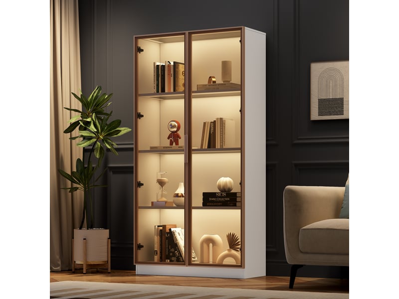 Ensemble de deux vitrines blanches pour salon, portes vitrées marron, éclairage led bluetooth, étagères réglables et 2 tiroirs - Conforama B