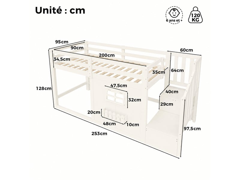  Lit mezzanine enfant 90x200 cm avec escalier de rangement, fenêtre et éclairage led, blanc, sans matelas  - Conforama C
