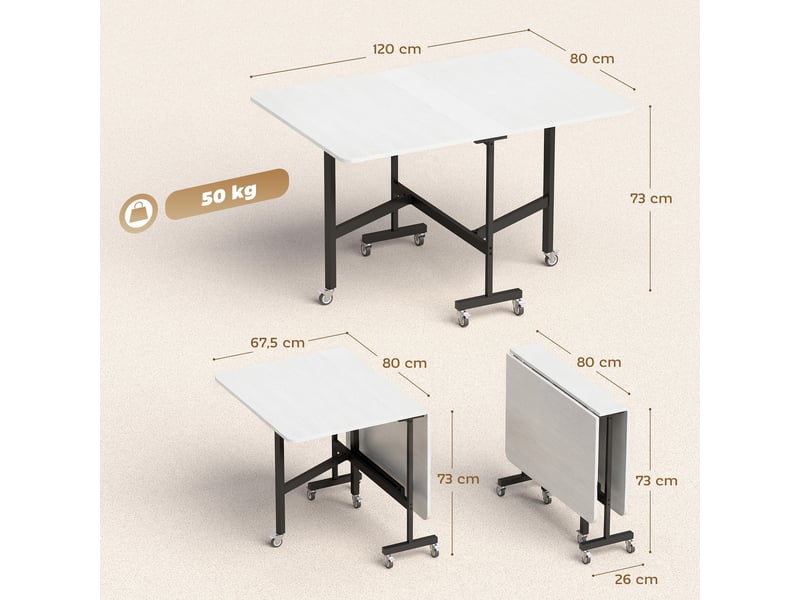  Table à manger pliante sur roulettes pour 4-6 personnes 120 cm, roues avec freins, industriel, 2 abattants, blanc noir  - Conforama C