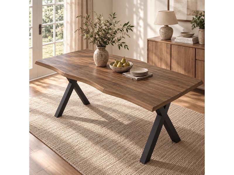  Table à manger de cuisine - bords ondulés - pieds métalliques en x - plateau de 28 mm - mdf - noyer  - Conforama D