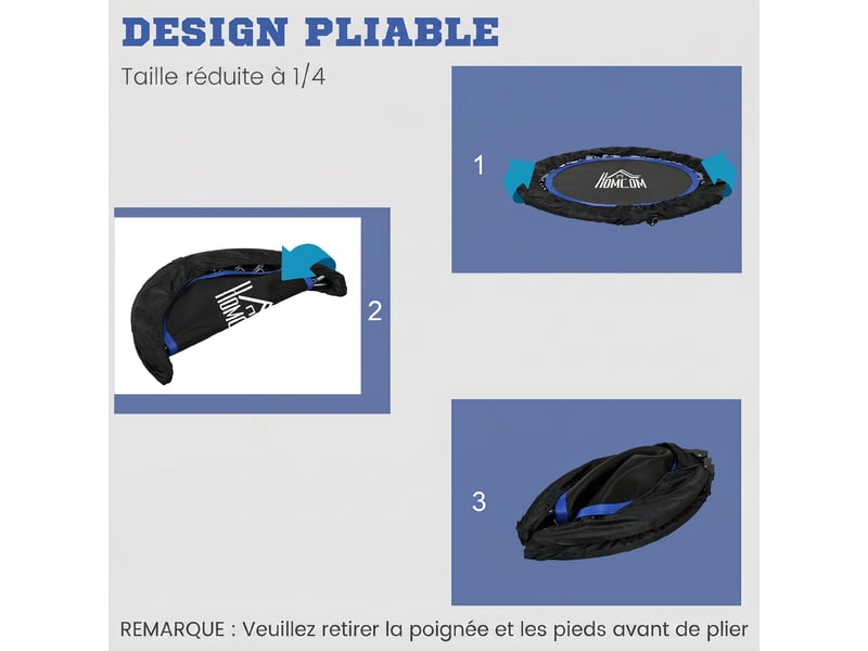  Trampoline de fitness gymnastique avec poignée réglable, pliable, 6 pieds, 28 ressorts ø 102 cm, noir bleu  - Conforama E