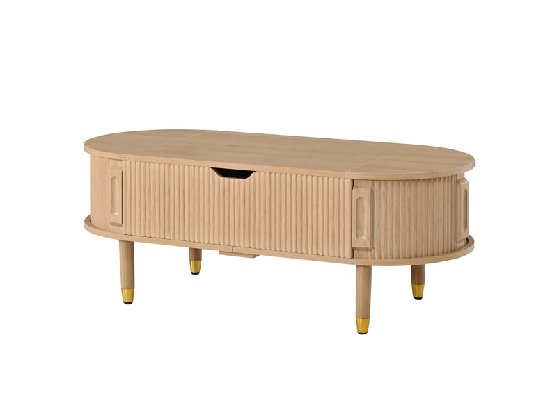  Table basse ovale 110x48x57 cm naturel mdf pieds en bois d hévéa plateau relevable hydraulique rangement portes coulissantes cannelées evarich - Conforama A