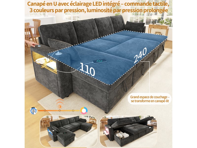 Canapé d'angle convertible en u 4 places 273 x 131 cm avec double méridienne, coffre de rangement, led et usb type-c - chenille gris - Conforama E
